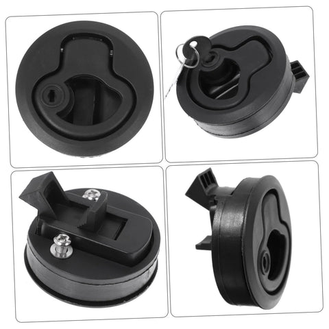 Four views of LIFKOME round black flush pull boat latch with locking mechanism; front, side, close-up, and installed.