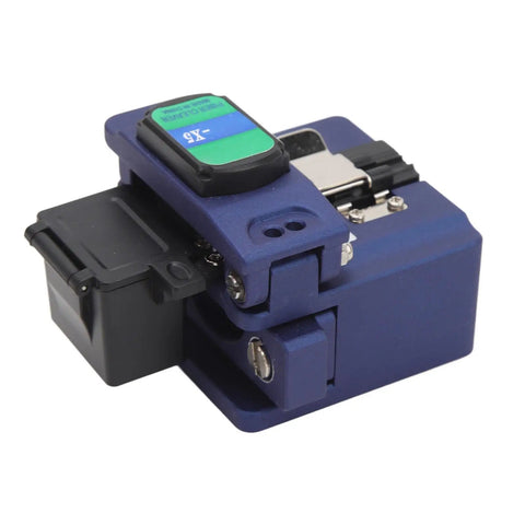 High Precision Machined Aluminum Alloy Fiber Cleaver With Automatic Return Cutter And 3 In One Fixture, blue handheld tool for fiber cutting.