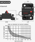 100 Amp Waterproof DC Inline Circuit Breaker With Manual Reset For Marine Boats, Trolling Motors, Cars, RVs And ATVs, 12V To 48V DC, Ignition Protected Push Button Reset Reusable dimensions chart, 100A black waterproof breaker
