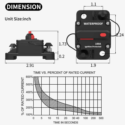 100 Amp Waterproof DC Inline Circuit Breaker With Manual Reset For Marine Boats, Trolling Motors, Cars, RVs And ATVs, 12V To 48V DC, Ignition Protected Push Button Reset Reusable dimensions chart, 100A black waterproof breaker