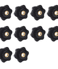 10 Pack M6 Star Knobs With Through Hole Hexagon Design shown in black with brass inserts, ideal for fixtures and workbenches.