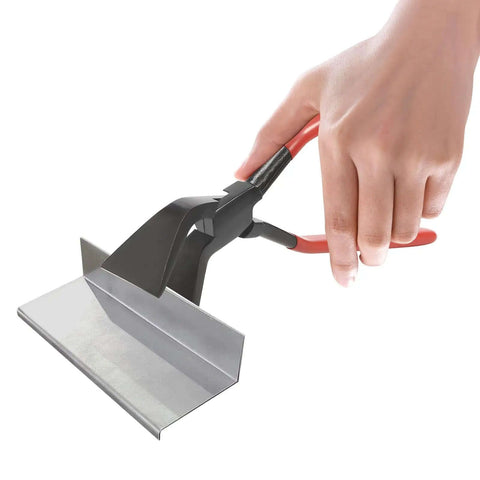 Close-up of Three Piece Sheet Metal Bending Pliers Set Pro Grade With Straight 45 Degree And 90 Degree Jaws in use on metal
