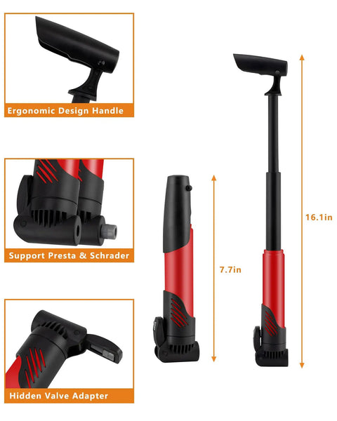 16.1-inch mini pump with ergonomic handle from Sixteen In One Bicycle Repair Toolkit With Tire Patch Kit for portable bike tools.