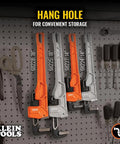 14 Inch Cast Iron Pipe Wrench Heavy Duty Adjustable Plumbing Wrench With I Beam Handle hanging on tool wall for storage