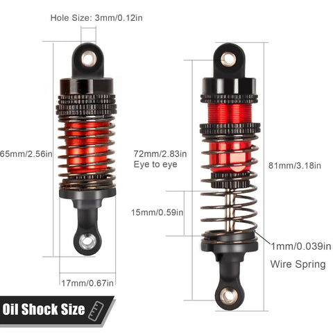 72mm Aluminum Threaded Long Travel RC Shocks with measurements for 1/12 1/14 1/16 RC Cars, compatible with WLtoys 144001 124019