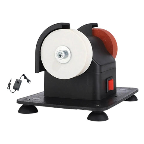 Slick Little Mini Bench Grinder With Dual Grinding Wheels For Razor Sharp Edge Tuning and Heavy Duty Surface Grinding, compact tool with fine and coarse wheels.