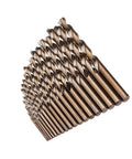 Pro Grade M35 Cobalt Drill Bit Kit With 19 Precision Pieces Spanning One To Ten Millimeters arranged in a stepped display.