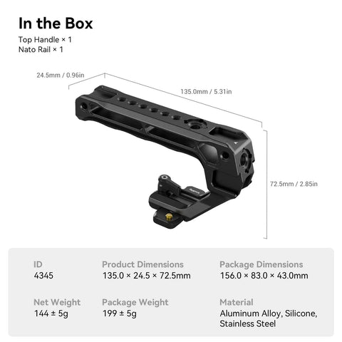 Lightweight NATO Top Handle With Quick Release NATO Rail For DSLR Camera Cages, Ergonomic Silicone Grip, 135mm dimensions