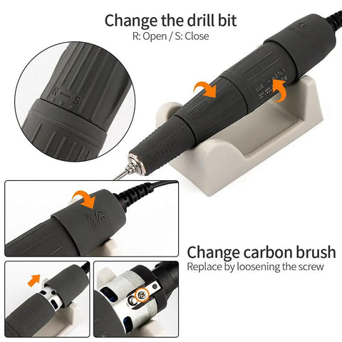 35K RPM Carbon Brush Micro Motor Drill Polishing Tool showing dual lock chuck and carbon brush change features