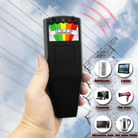 Hand holding EMF Meter For Ghost Hunting Handheld Radiation Detector For EF RF MF Readings Home And Office EMF Inspection.