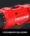Close-up of V20 Cordless Drill Driver Kit One Half Inch With Battery And Charger Included Brushless Motor Delivers 350 UWO Two Speed Gearbox Built To Crush Heavy Duty Jobs On The Jobsite showing two-speed settings.