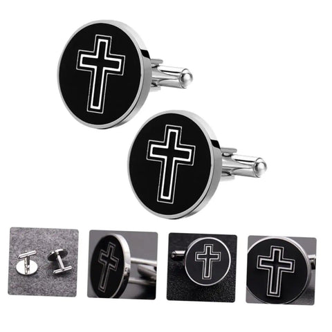 Cross Titanium Steel Cufflinks For Men Black Cross Shirt Fasteners Decorative Clothing Accessories set on grey background