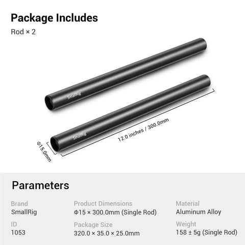 Badass 12 Inch Aluminum Camera Rig Rods With Industrial 15mm Diameter And Secure M12 Female Threads, shown as two rods.