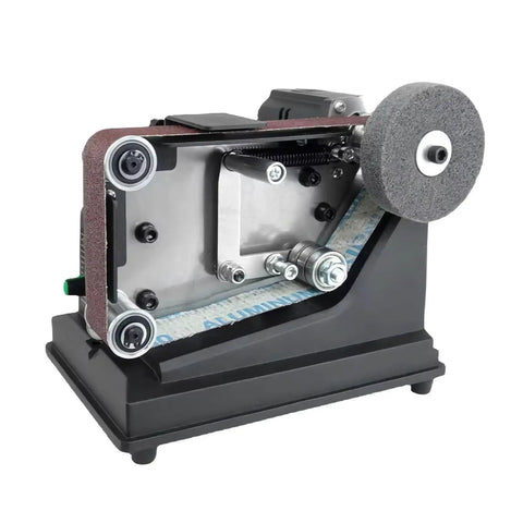 Super Slick Mini Belt Sander Workhorse With Polishing And Carving Accessory Kit For Wood Metal And Plastic showing motor and sanding belt.