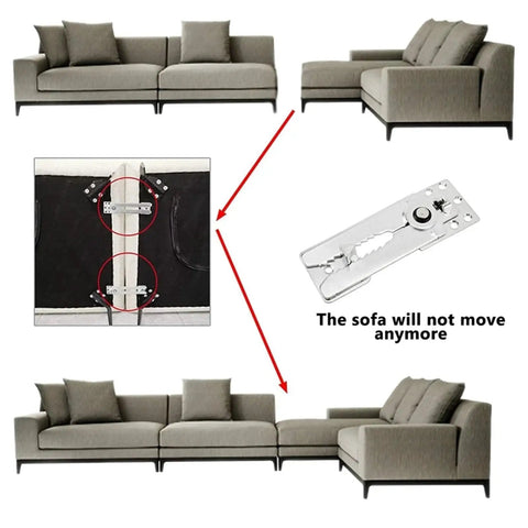 Keep Your Modular Sofa Locked And Loaded With These Heavy Duty Sectional Couch Connectors Seven Piece Snap Lock Furniture Clips positioned on a modular sectional sofa.