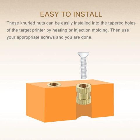 Dope M2.5 Knurled Brass Insert Nuts 4mm Long, 3.8mm Outer Diameter, 0.45mm Pitch, installation in plastic block
