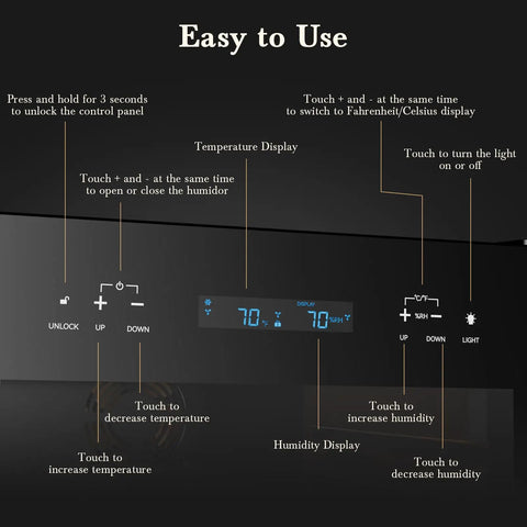 Instructions for controlling 65L Electric Cigar Humidor With Big 500 Count Capacity, Smart Temperature And Humidity Control, LED display