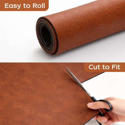 Absorbent Coffee Mat For Countertop With Quick Dry Diatomite Core Leather Grain Surface Non Slip Backing Rollable And Cuttable Coffee Machine Mat Coffee Brown 12 By 19 Inches Spill Proof Kitchen Pad showing rollable and cuttable features.