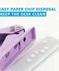 Heavy-Duty Single Hole Punch For Up To Fifteen Sheets, purple handheld metal punch with easy paper chip disposal feature.