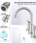 2-Handle 8 Inch Widespread Bathroom Sink Faucet with Brushed Nickel Finish, 360 Degree Swivel Spout, pop-up drain visible