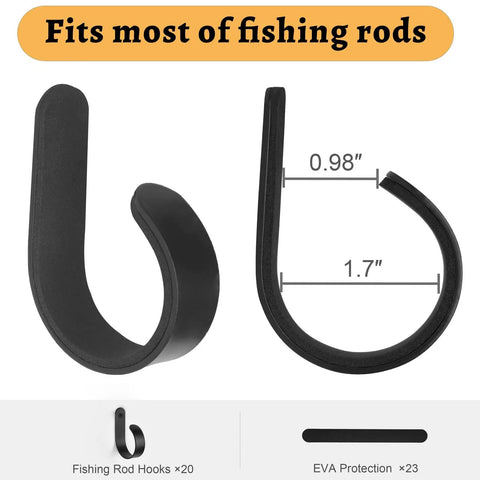 Close-up of fishing rod hook, dimensions 0.98 x 1.7 inches, part of Wall And Ceiling Mounted Fishing Rod Holder Rack Holds Up To 10 Rods With 20 Hooks