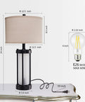 Set Of 2 Modern Table Lamps With USB Ports And Nightlight, Black Finish And White Frosted Glass, lamp dimensions and bulb size shown
