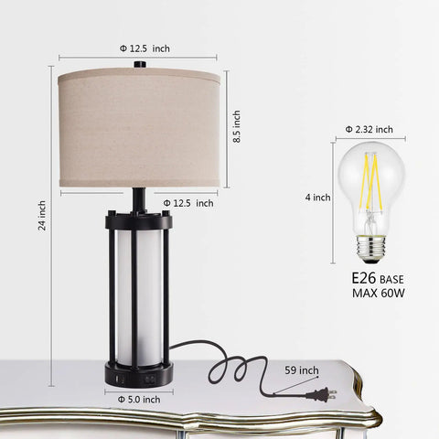 Set Of 2 Modern Table Lamps With USB Ports And Nightlight, Black Finish And White Frosted Glass, lamp dimensions and bulb size shown