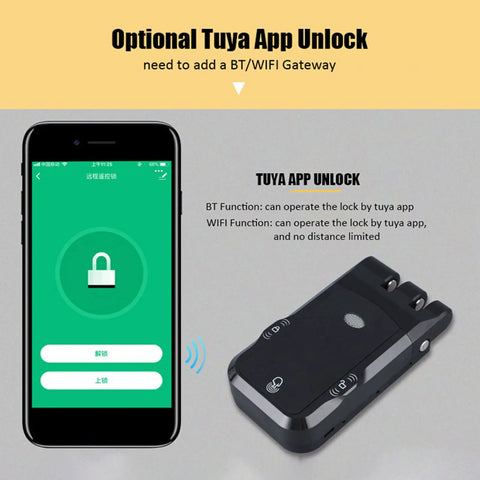 Hella Reliable Dual Motor Smart Lock With Remote Control Deadbolt And Seamless Backup System For Zero Drama Room Security and Slick Keyless Entry Access with Tuya app interface on smartphone.