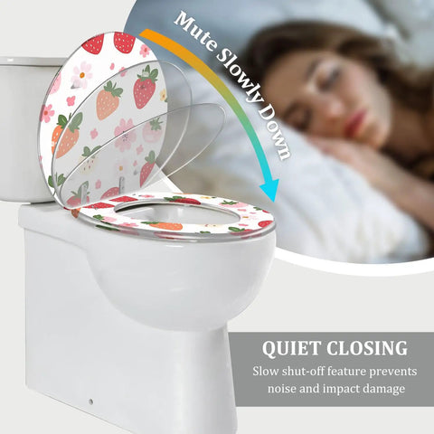 Generic Round Resin Toilet Seat for Bathroom with floral design, 14.5" x 16.5", features quiet closing mechanism.