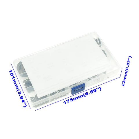 Plastic case with 525 Piece E Clips And Retaining Rings Kit, 14 Metric Sizes Side Mount External Retaining Rings 1.2mm To 15mm Diameter.