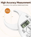 Digital Body Fat Caliper With LCD Display For Quick Skinfold Readouts, Portable Body Composition Tool With Tape Measure, Switchable Mm In Units For Men And Women At Home, Gym, Or Travel Use, white handheld caliper LCD close-up