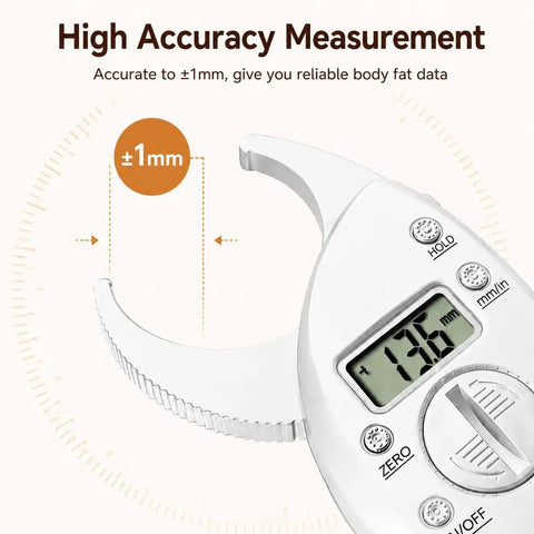 Digital Body Fat Caliper With LCD Display For Quick Skinfold Readouts, Portable Body Composition Tool With Tape Measure, Switchable Mm In Units For Men And Women At Home, Gym, Or Travel Use, white handheld caliper LCD close-up