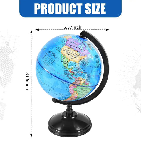 Rotating 6 Inch World Globe With Stand Kid Friendly For Learning Geography At School Or At Home shown with dimensions