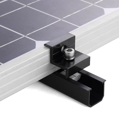 Close-up of clamp on Beefy 4 Panel Side By Side Roof Mount Kit For Shingle Or Metal Roof With Hardware Heavy Duty Aluminum Rails