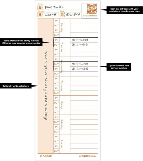 Built Like A Tank Heavy Duty 100 Pack Time Cards For CR1000 Digital Time Clock showing weekly shift tracking layout.