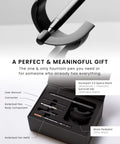 Hoverpen Future Luxury Fountain And Rollerball Pen Gift Set With Schmidt Nib Fine, Converter, Aerospace Metal, Deep Black Finish, displayed with accessories.