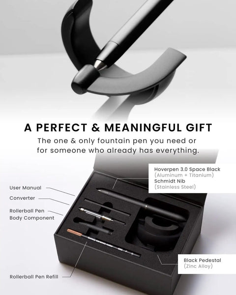 Hoverpen Future Luxury Fountain And Rollerball Pen Gift Set With Schmidt Nib Fine, Converter, Aerospace Metal, Deep Black Finish, displayed with accessories.