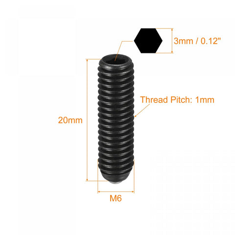 Heavy Duty Ball Point Set Screws M6 x 20mm High Carbon Steel Hex Socket Grub Screws, Spring Loaded Ball Plunger, side view with dimensions