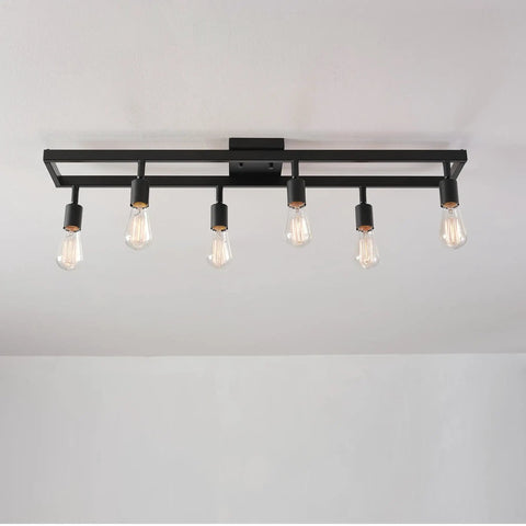Six Light Adjustable Track Lighting Setup in Matte Black Industrial Farmhouse Style With Pivoting Heads E26 Base