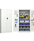 Heavy Duty Rolling Tool Chest And Two Door Garage Storage Cabinet With Tough As Nails Steel Frame, organized tools and bins.