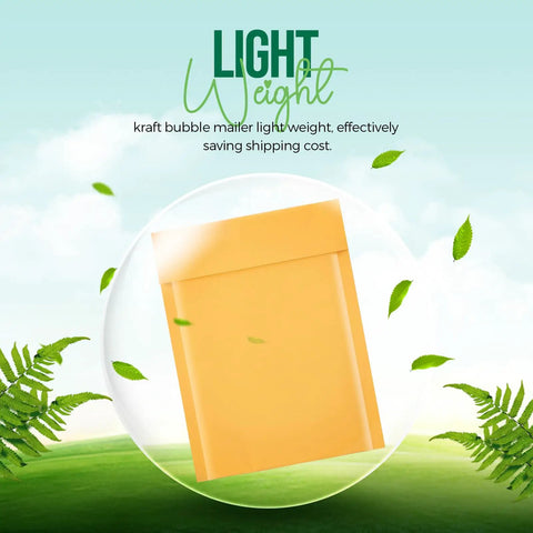 Yellow Kraft Padded Bubble Mailer 6x10 Inch Pack Of 100 Usable 6x9 Inch Size shown on a green background highlighting lightweight feature