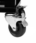 Close-up of wheel on 80 Quart Rolling Cooler On Wheels For Backyard BBQ And Patio Parties, Ice Chest With Shelf, Bottle Opener, Stand, And Gray Beverage Cart That Holds 70 Cans Or 50 Bottles And Keeps Drinks Ice Cold For Days.