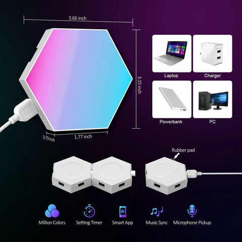 Hexagon RGB LED Light Panels 8 Pack With Music Sync, App Control, And Remote shown with dimensions and device compatibility