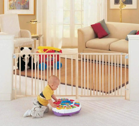 Extra Wide Swing Wooden Baby Gate For Large Openings, Adjustable from 60 to 103 Inches, 27 Inches Tall in modern living room