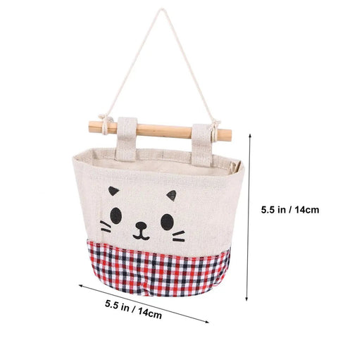 Wall Mounted Hanging Storage Bag Organizer With Solid Wooden Bar For Closets And Doorways Offers Nifty Multi Pockets For Remotes And Keys With Zero Drama Setup, featuring a cute cat design.
