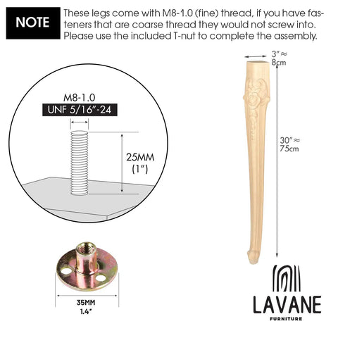 Illustration of 30-inch solid wood furniture leg with European carving and installation guide.