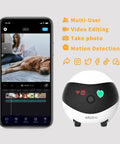 Movable Indoor WiFi Pet Cam With 1080P Video Night Vision And 2 Way Talk shown with smartphone displaying pet monitoring