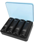 4 In 1 Charging Station For Remote Controllers With 4 Rechargeable 2800mAh NiMH Batteries And USB Cable, black dock with open lid.