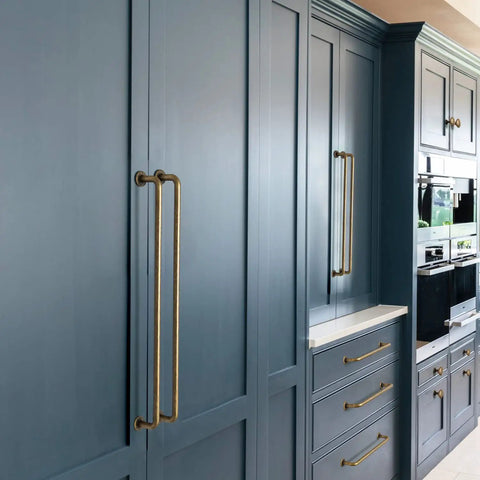 Six Pack Dope Antique Brass Cabinet Handles Set, 7.56 Inch Center To Center Drawer Pulls on blue cupboards in kitchen