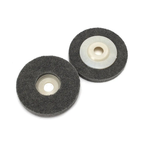 5 Pack 4 Inch Gray Nylon Fiber Polishing Wheels With 16mm Bore designed for metal prep and buffing, showcasing two wheels.